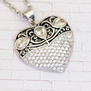 18 inch, Vintage Silver Tone Love Heart Rhinestones Abstract Necklace - V21